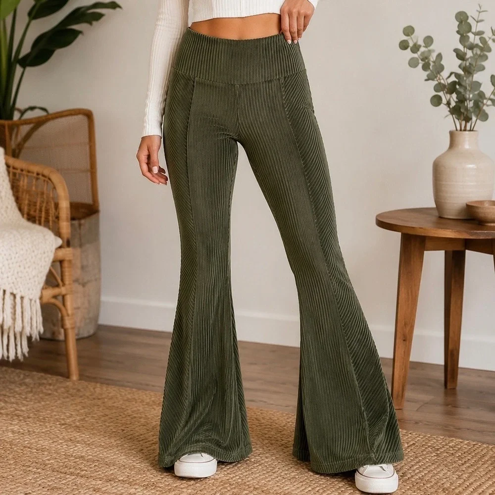 No Boundaries Ribbed Velvet Flare Pants Green Pull On Stretch Boho Y2K Large